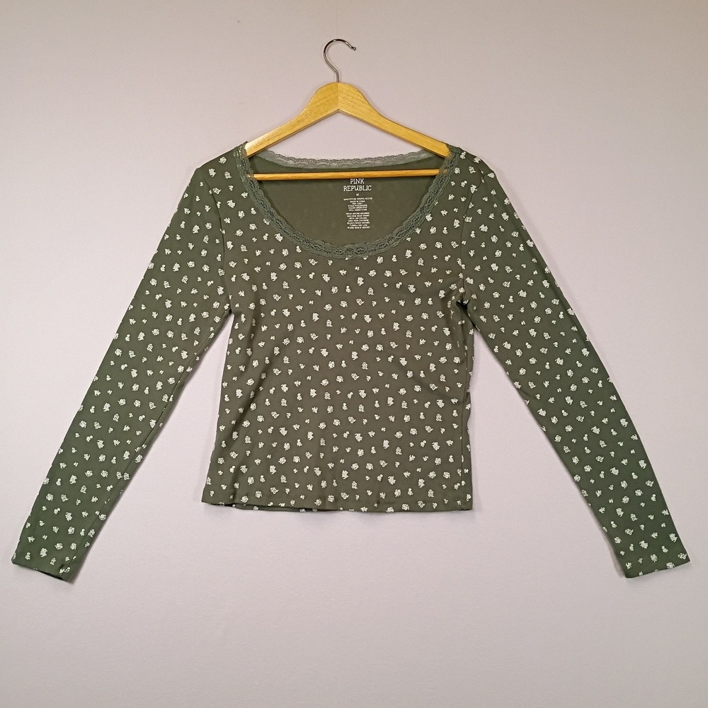 Cottagecore Pink Republic Womens M Green Ditsy Floral Lace Trim Ribbed Top